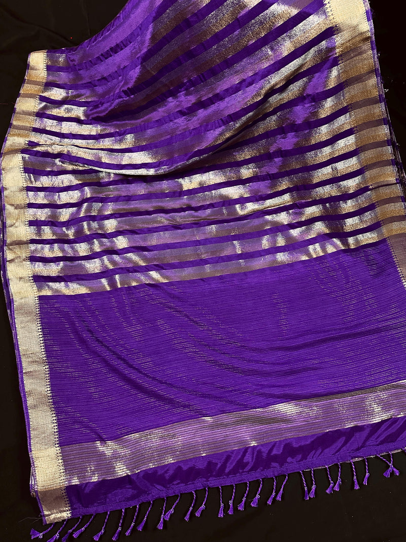 Statement Handmade Purple Color Striped Banarasi Satin Tissue Silk Saree