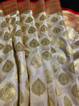 Cream and Red Half and Half Traditional Banarasi Satin Silk Saree