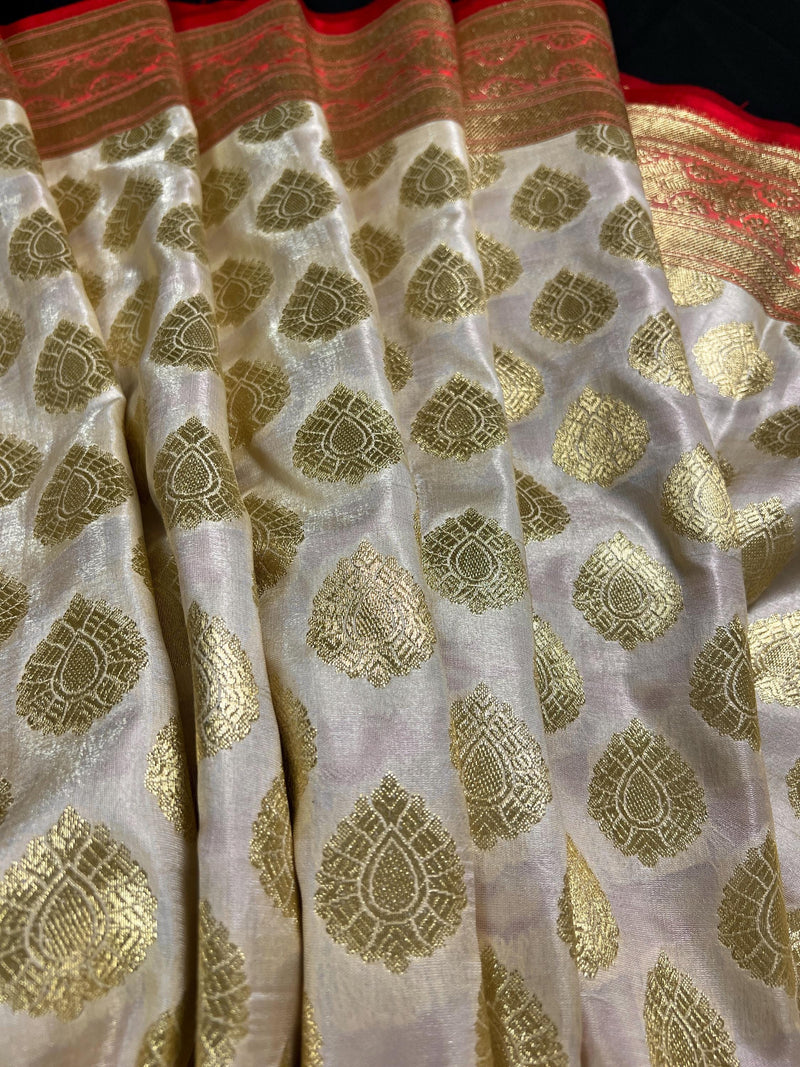 Cream and Red Half and Half Traditional Banarasi Satin Silk Saree