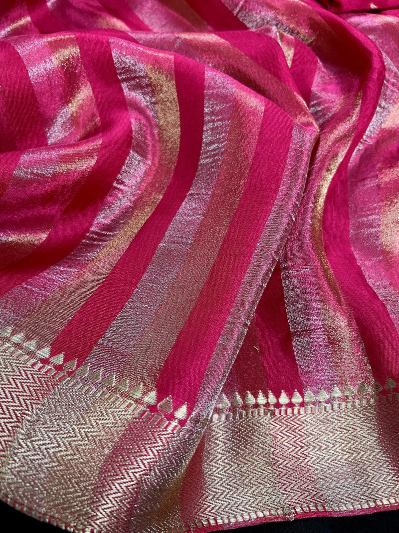 Statement Handmade Hot Pink Color Striped Banarasi Satin Tissue Silk Saree