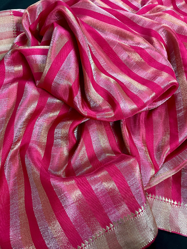 Statement Handmade Hot Pink Color Striped Banarasi Satin Tissue Silk Saree