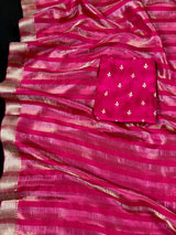 Statement Handmade Hot Pink Color Striped Banarasi Satin Tissue Silk Saree