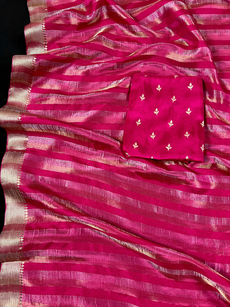 Statement Handmade Hot Pink Color Striped Banarasi Satin Tissue Silk Saree