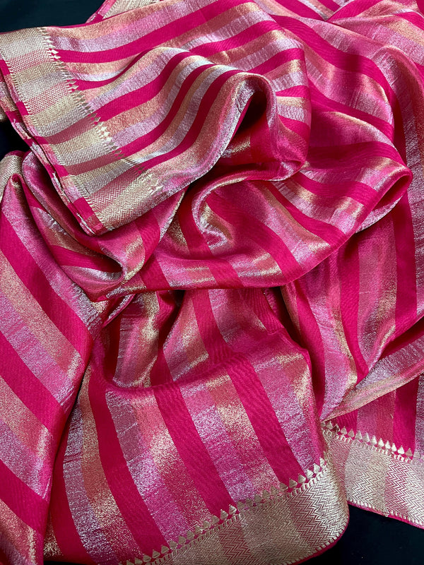 Statement Handmade Hot Pink Color Striped Banarasi Satin Tissue Silk Saree