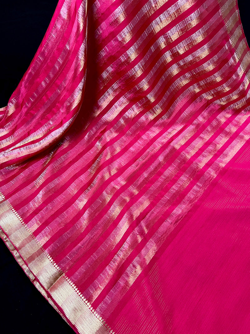 Statement Handmade Hot Pink Color Striped Banarasi Satin Tissue Silk Saree