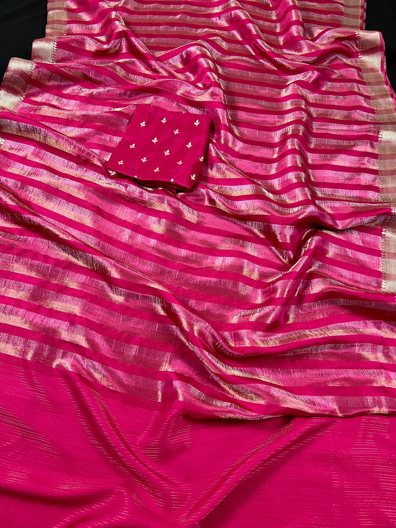 Statement Handmade Hot Pink Color Striped Banarasi Satin Tissue Silk Saree