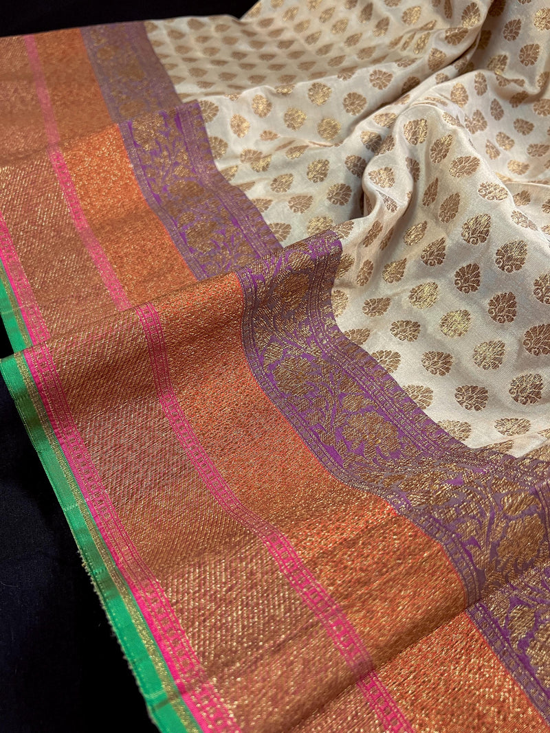 Beige Gold Color with Multi Color Border in Semi-Tussar Silk Saree With Antique Zari Weaving Work