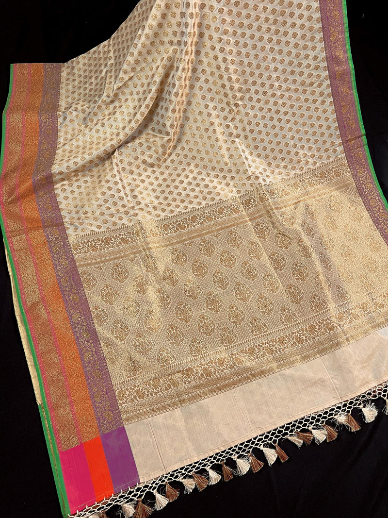 Beige Gold Color with Multi Color Border in Semi-Tussar Silk Saree With Antique Zari Weaving Work