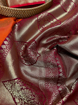 Statement Handmade Burnt Orange Color Banarasi Semi Katan Silk Saree