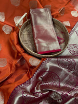 Statement Handmade Burnt Orange Color Banarasi Semi Katan Silk Saree