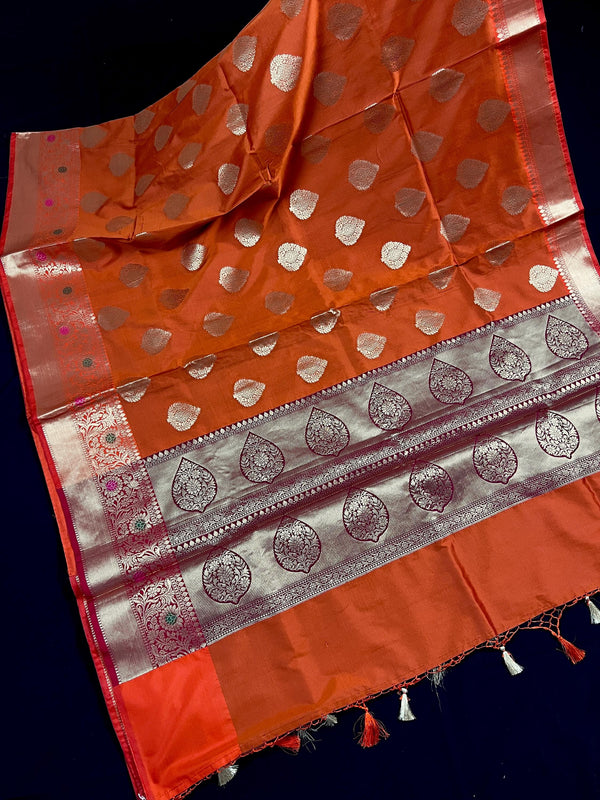 Statement Handmade Burnt Orange Color Banarasi Semi Katan Silk Saree