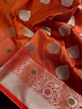 Statement Handmade Burnt Orange Color Banarasi Semi Katan Silk Saree