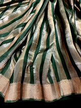 Statement Handmade Bottle Green Color Striped Banarasi Satin Tissue Silk Saree