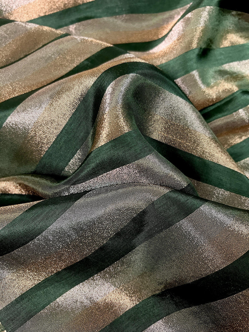 Statement Handmade Bottle Green Color Striped Banarasi Satin Tissue Silk Saree