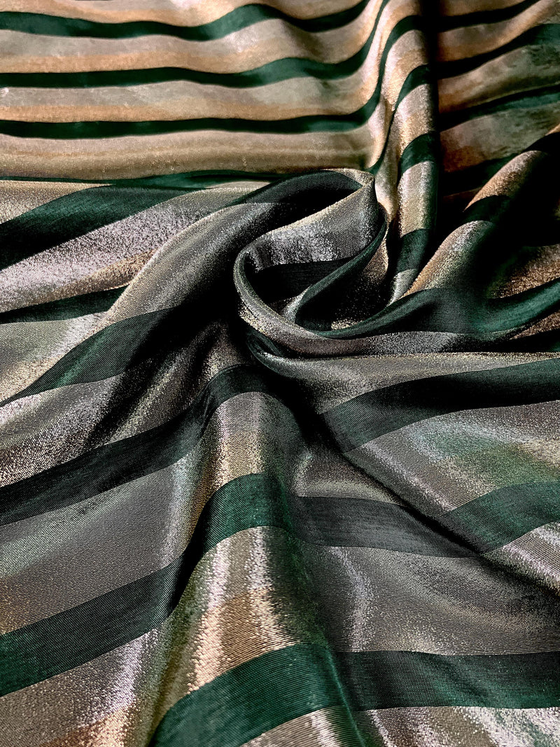 Statement Handmade Bottle Green Color Striped Banarasi Satin Tissue Silk Saree