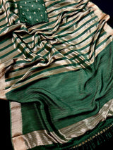 Statement Handmade Bottle Green Color Striped Banarasi Satin Tissue Silk Saree