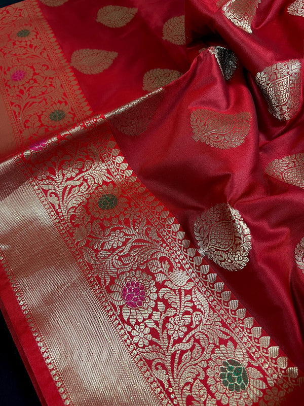 Statement Handmade Deep Red Color Banarasi Semi Katan Silk Saree