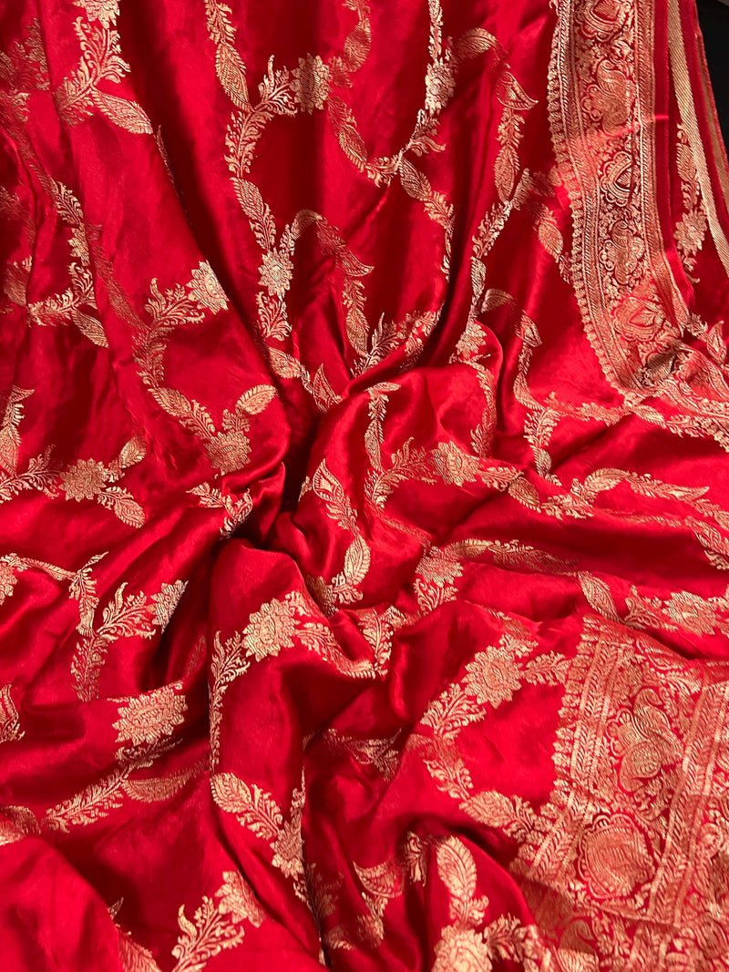 Statement Bright Red Color Pure Banarasi Satin Silk Saree with Handwoven Gold Zari Weaved Saree - Silk Mark Certified