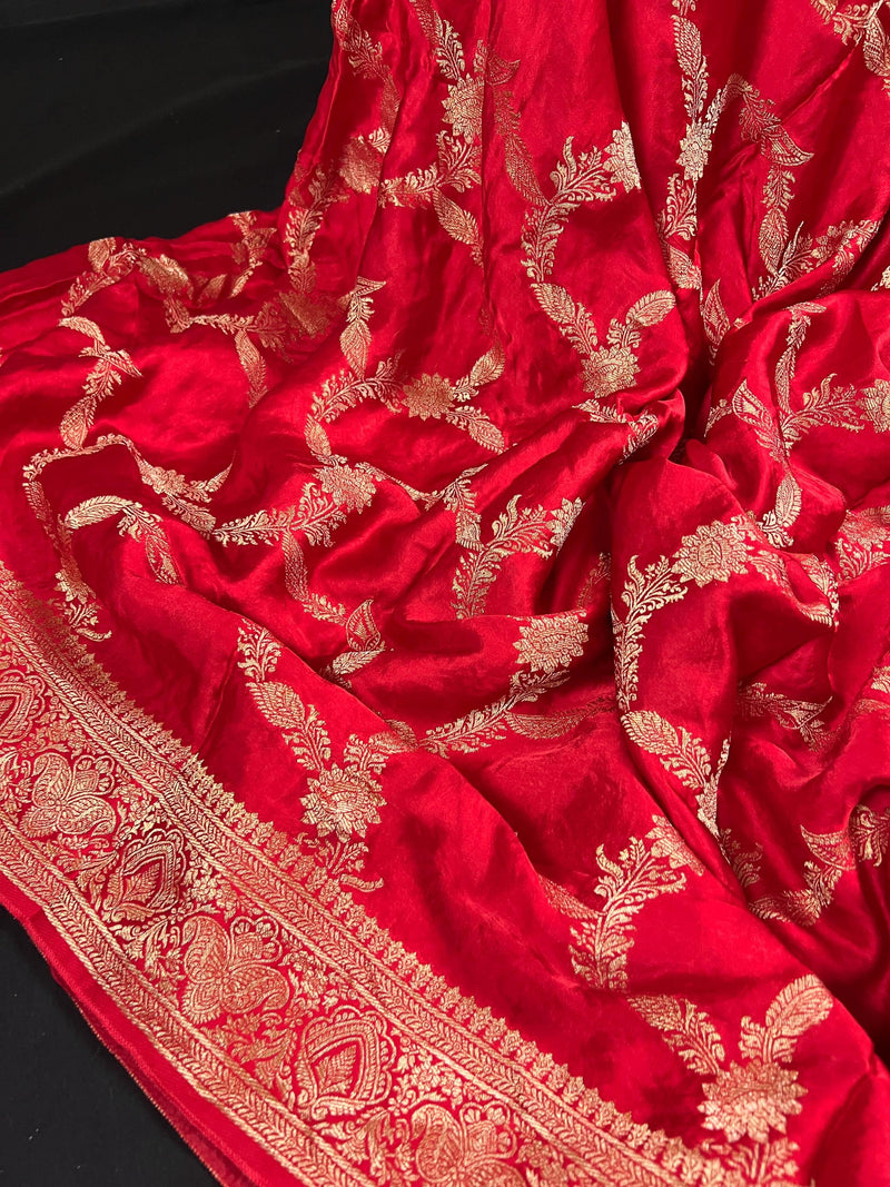 Statement Bright Red Color Pure Banarasi Satin Silk Saree with Handwoven Gold Zari Weaved Saree - Silk Mark Certified