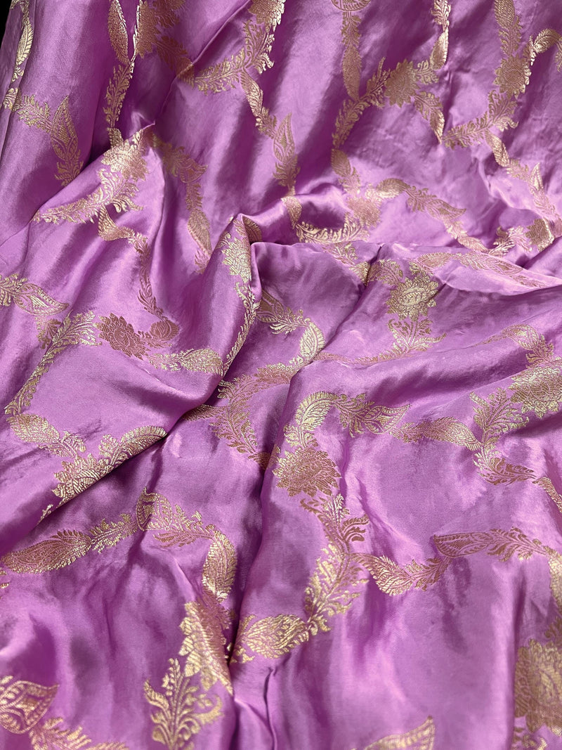 Statement Lilac Color Pure Banarasi Satin Silk Saree with Handwoven Gold Zari Weaved Saree - Silk Mark Certified