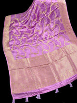 Statement Lilac Color Pure Banarasi Satin Silk Saree with Handwoven Gold Zari Weaved Saree - Silk Mark Certified