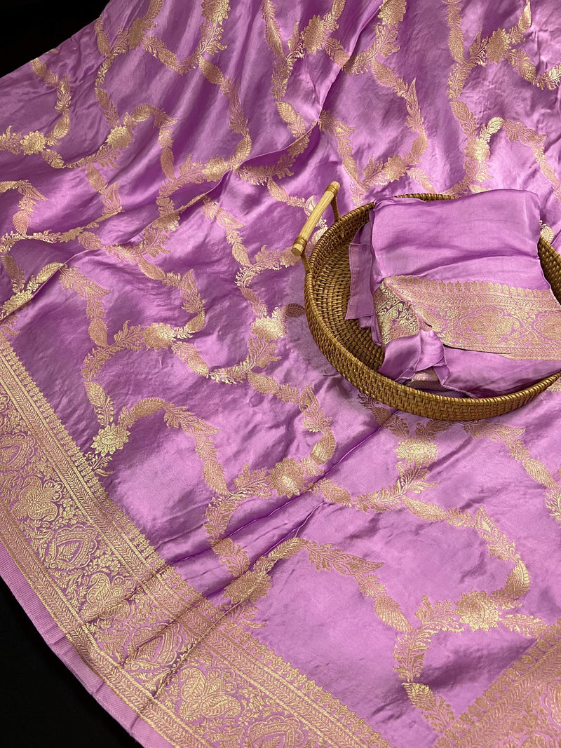 Statement Lilac Color Pure Banarasi Satin Silk Saree with Handwoven Gold Zari Weaved Saree - Silk Mark Certified