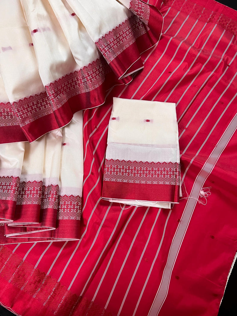 Off White and Red Color Begumpuri Handwoven Soft Silk Saree