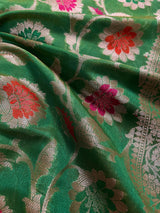 Green Semi Silk Saree with Floral Jaal and Meenakari Weaving with Brocade Blouse - Banarasi Sarees - Gift for Her