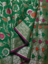 Green Semi Silk Saree with Floral Jaal and Meenakari Weaving with Brocade Blouse - Banarasi Sarees - Gift for Her