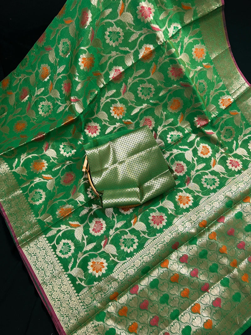 Green Semi Silk Saree with Floral Jaal and Meenakari Weaving with Brocade Blouse - Banarasi Sarees - Gift for Her