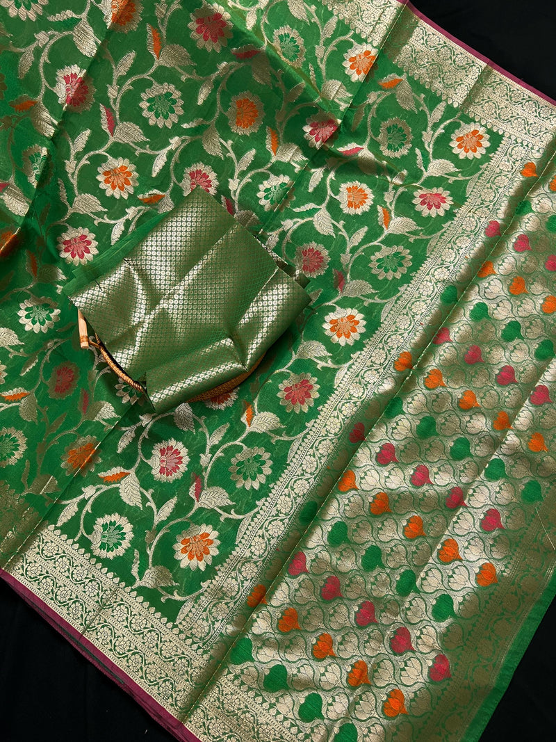 Green Semi Silk Saree with Floral Jaal and Meenakari Weaving with Brocade Blouse - Banarasi Sarees - Gift for Her