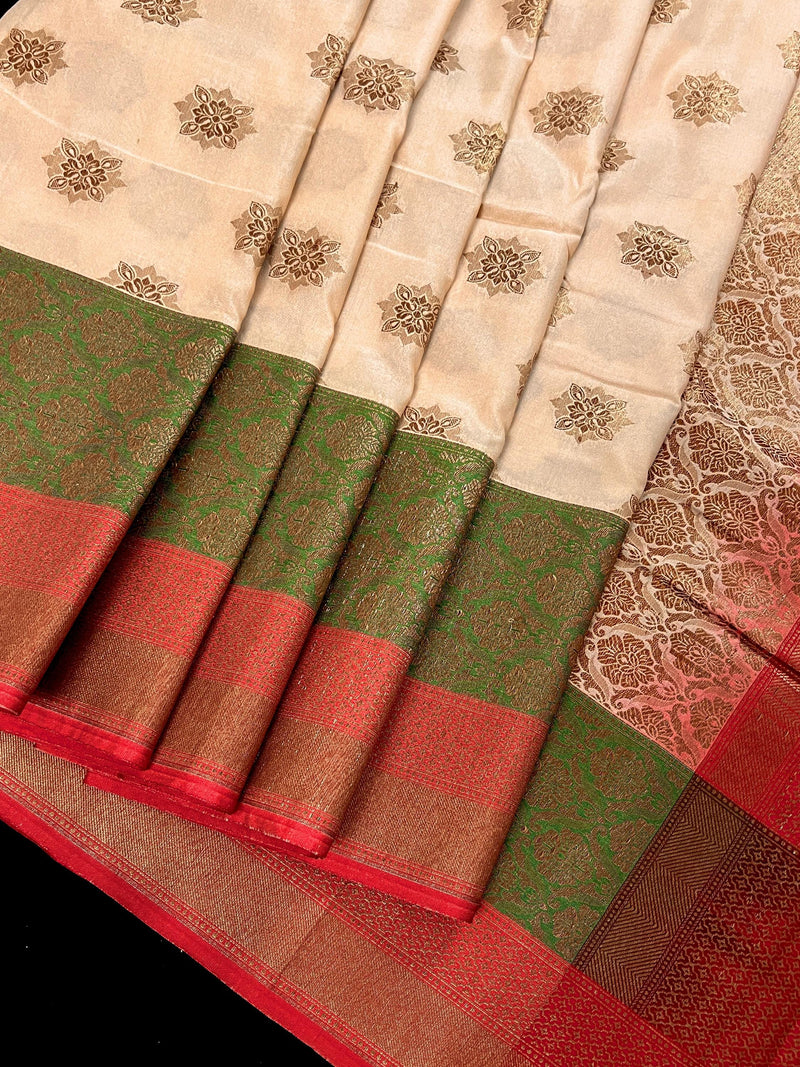 Beige with Red combination Traditional Banarasi Silk Saree with Copper Zari Weave