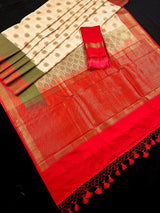 Beige with Red combination Traditional Banarasi Silk Saree with Copper Zari Weave