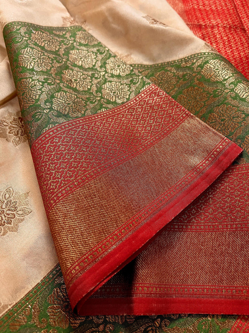 Beige with Red combination Traditional Banarasi Silk Saree with Copper Zari Weave