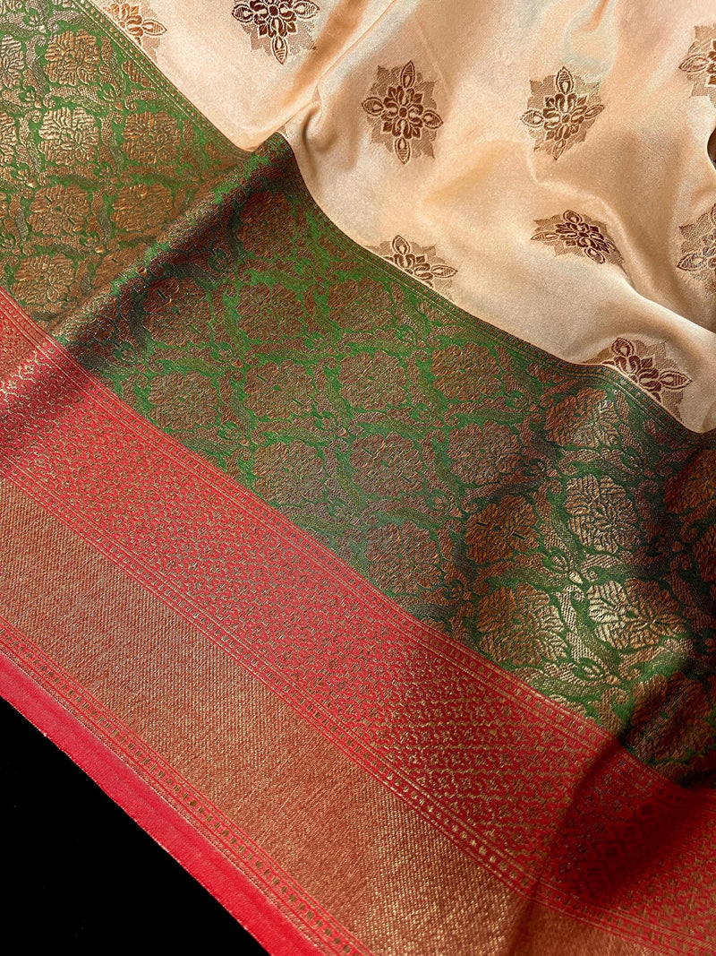 Beige with Red combination Traditional Banarasi Silk Saree with Copper Zari Weave