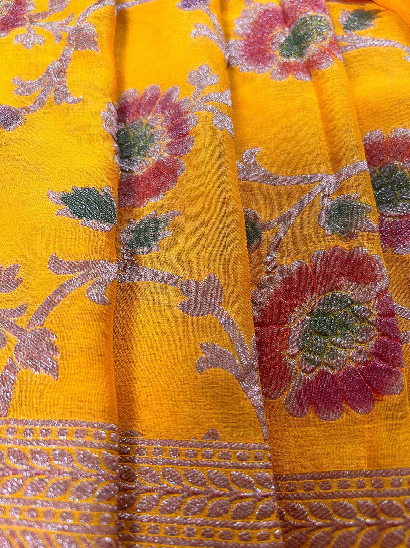 Pure Khaddi Georgette Banarasi Silk Saree in Mango Yellow with Copper Zari - Floral Jaal Sari with Hand Brush Paint - SILK MARK CERTIFIED