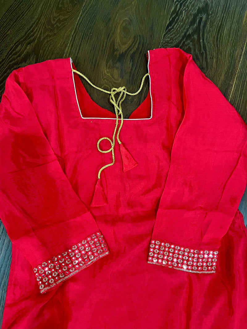 Readymade 3pcs Suit in Red Color For Women with Handwork