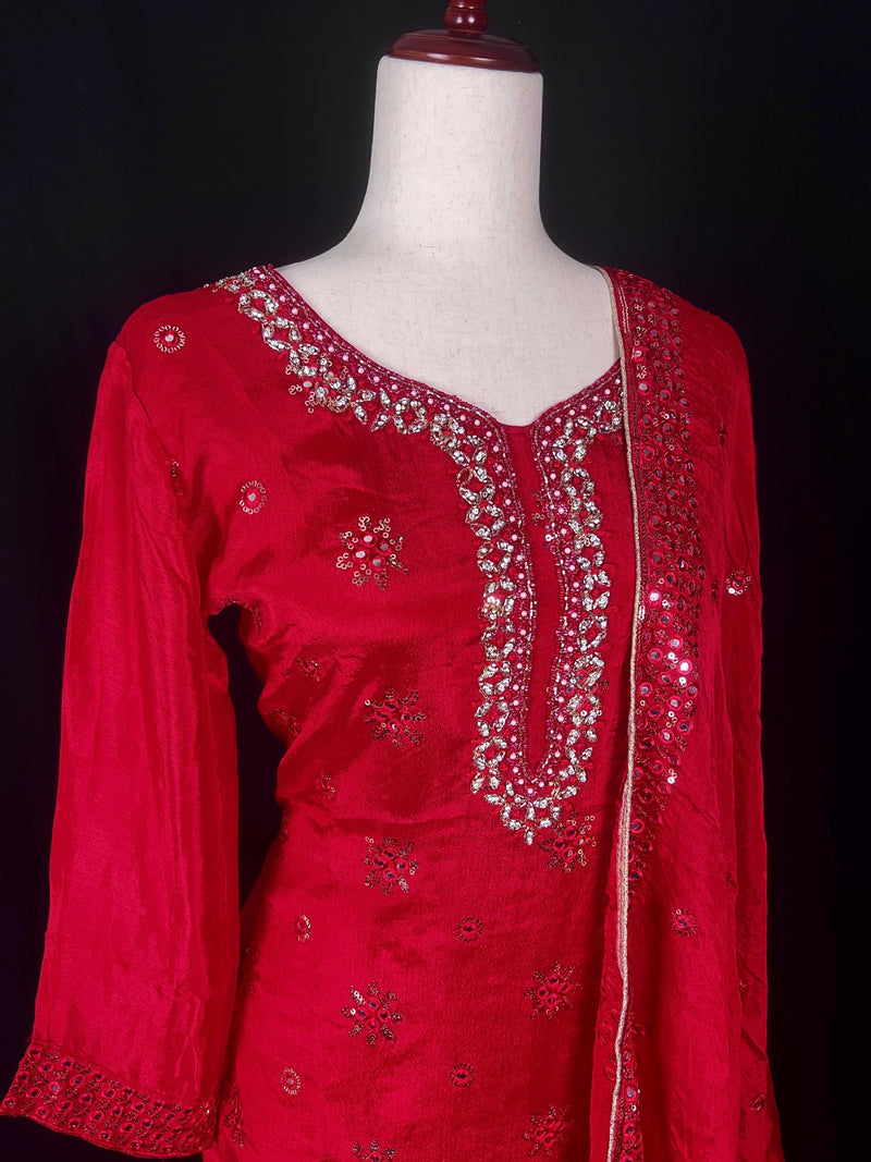 Readymade 3pcs Suit in Red Color For Women with Handwork