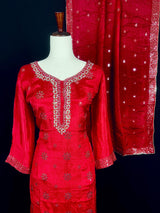 Readymade 3pcs Suit in Red Color For Women with Handwork