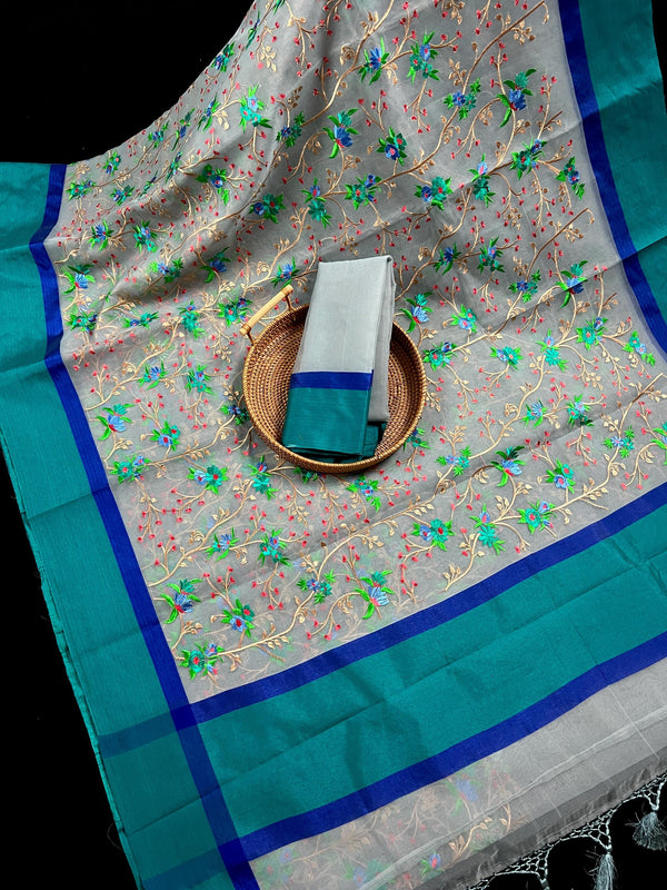 Handmade Grey Color Banarasi Kora Organza Saree with Raw Silk Patta on the Border  - Floral Jaal Embroidery