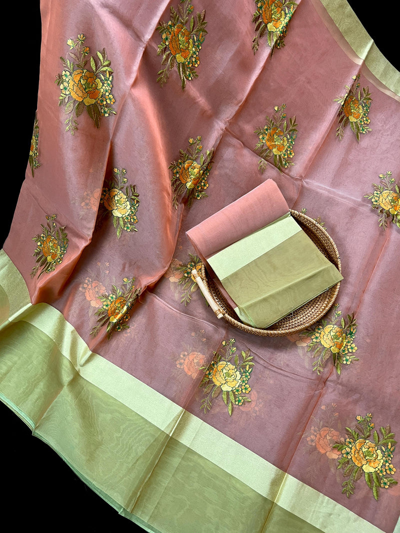 Handmade Onion Pink Color Banarasi Kora Organza Saree - Flower Bunch Embroidery