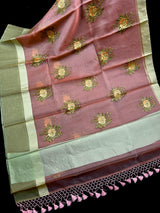 Handmade Onion Pink Color Banarasi Kora Organza Saree - Flower Bunch Embroidery