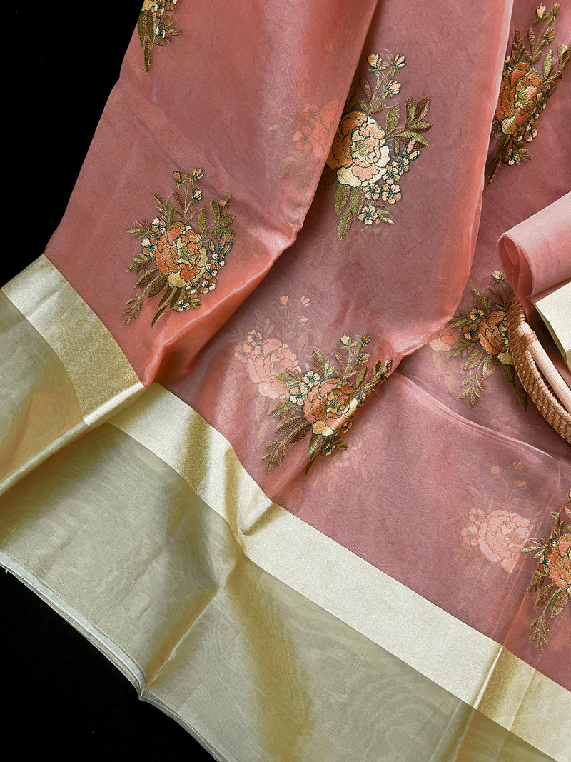 Handmade Onion Pink Color Banarasi Kora Organza Saree - Flower Bunch Embroidery