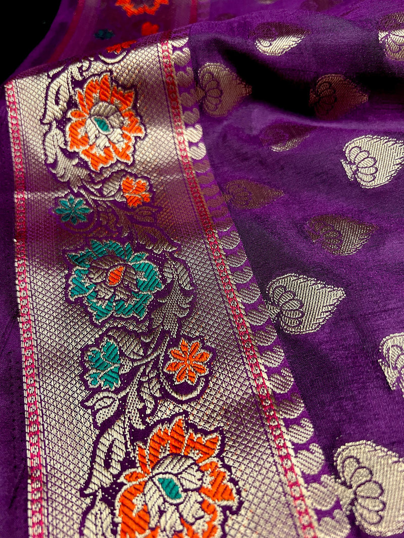 Purple Saree with Eggplant tone Soft Silk Saree with Paithani Style Borders - Muted Gold Buttis