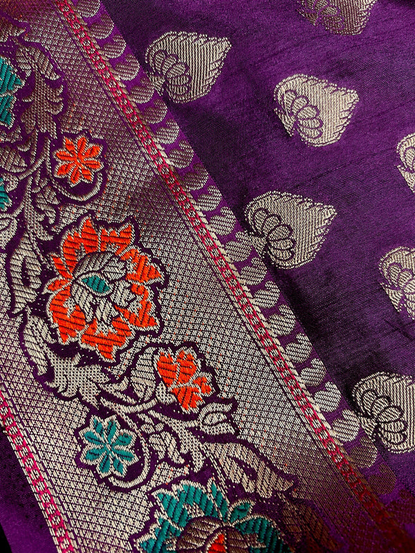 Purple Saree with Eggplant tone Soft Silk Saree with Paithani Style Borders - Muted Gold Buttis