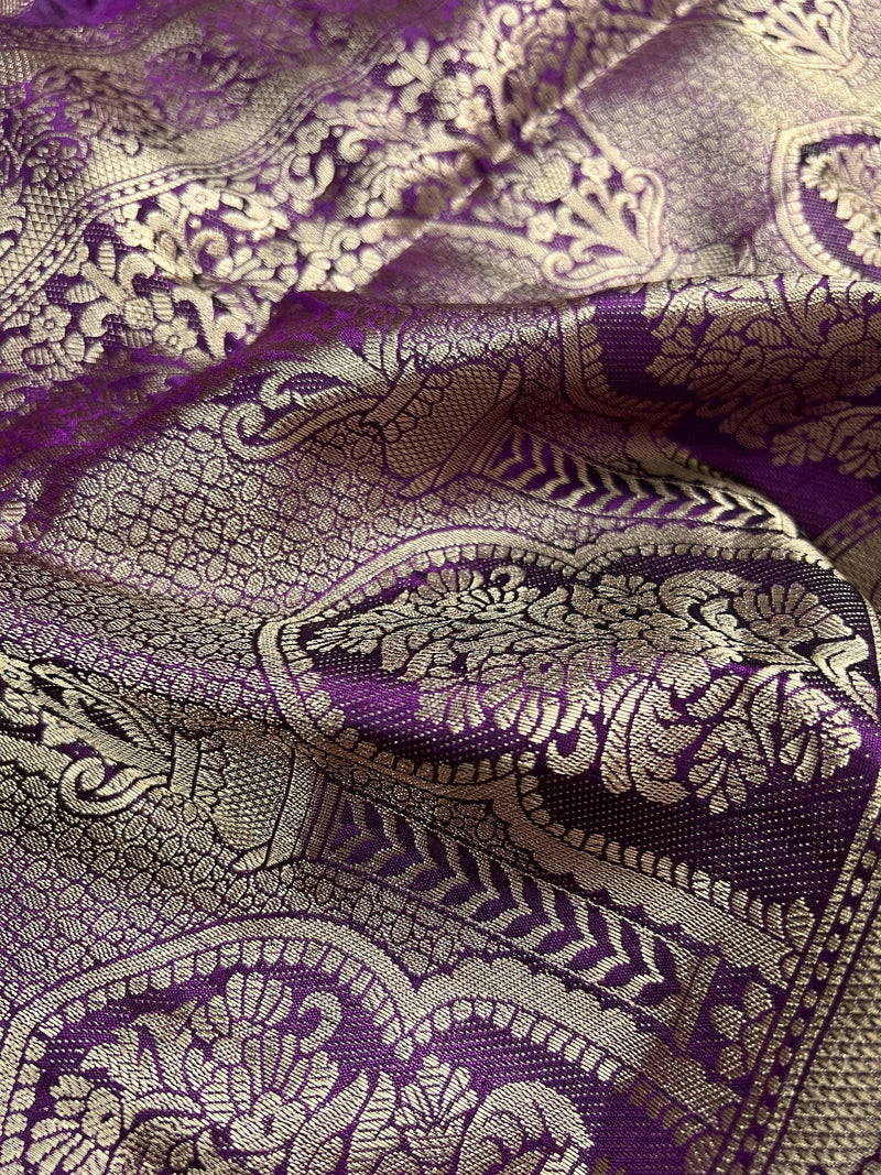 Purple Saree with Eggplant tone Soft Silk Saree with Paithani Style Borders - Muted Gold Buttis