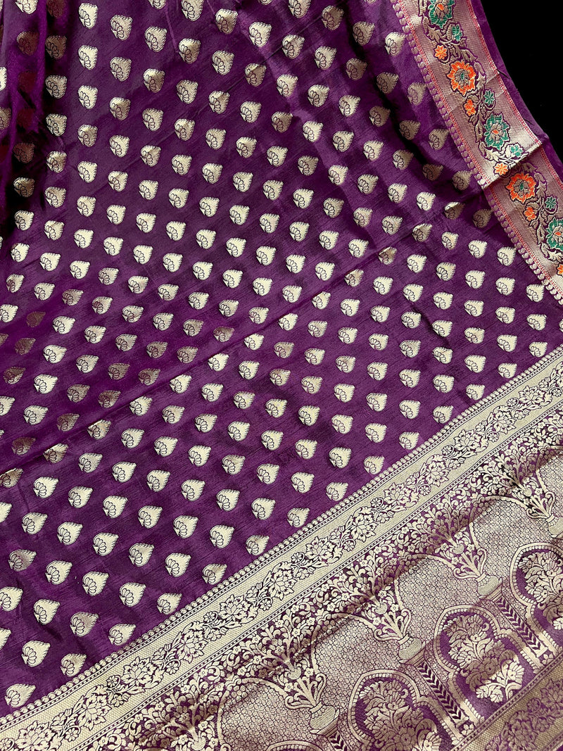 Purple Saree with Eggplant tone Soft Silk Saree with Paithani Style Borders - Muted Gold Buttis