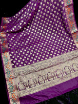 Purple Saree with Eggplant tone Soft Silk Saree with Paithani Style Borders - Muted Gold Buttis