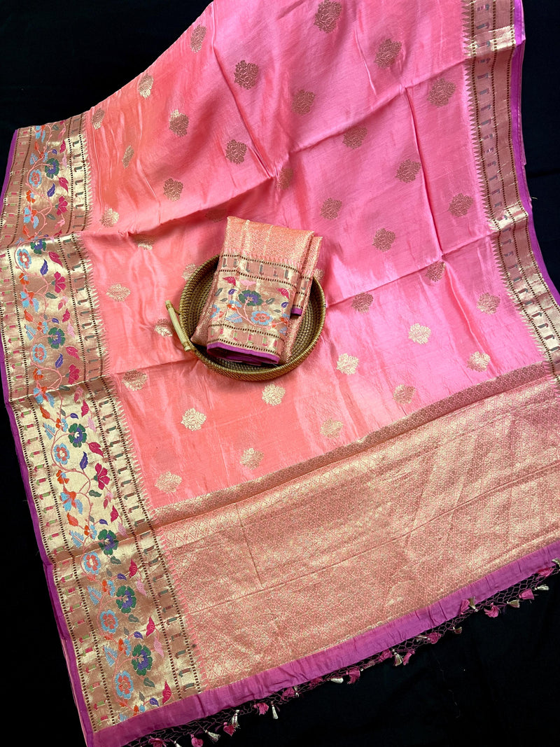 Ombre Pure Banarasi Dupion Silk Saree with Paithani Muniya Borders - Handwoven Saree - SILK MARK CERTIFIED