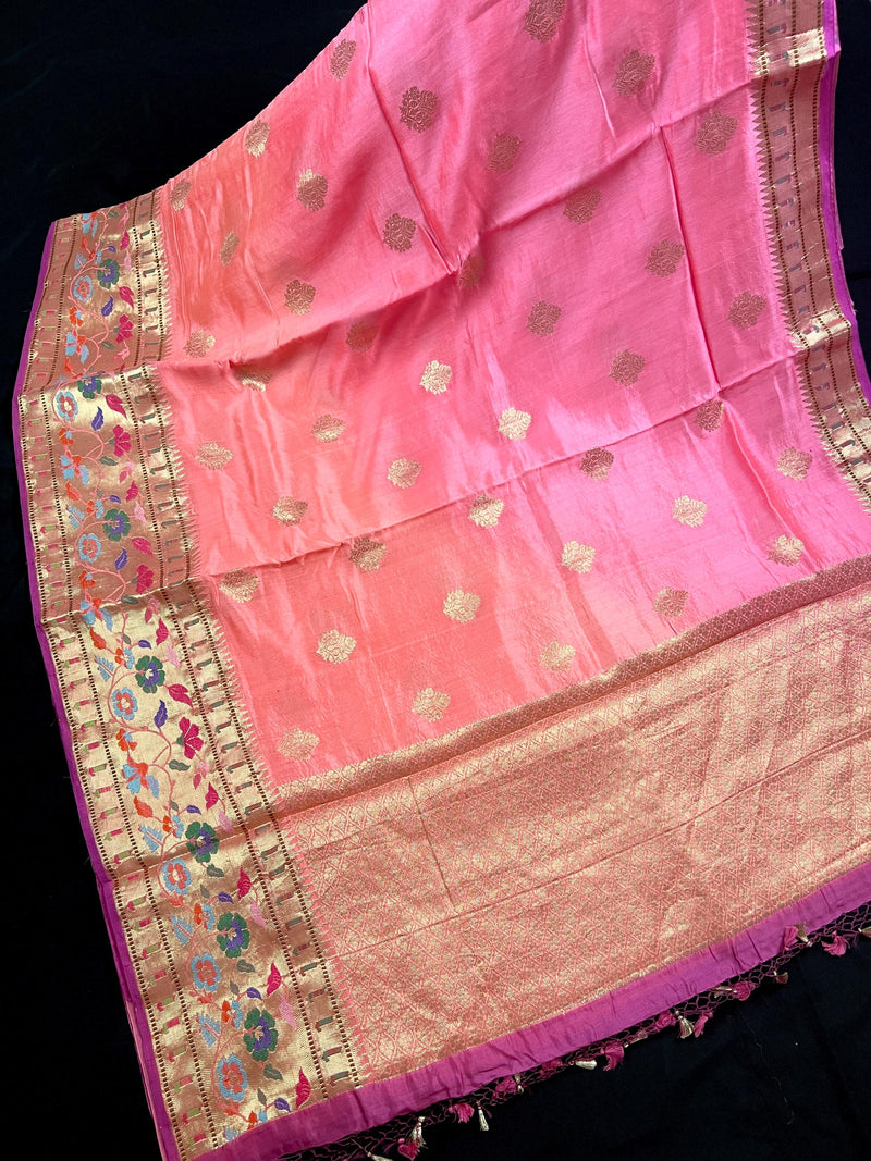 Ombre Pure Banarasi Dupion Silk Saree with Paithani Muniya Borders - Handwoven Saree - SILK MARK CERTIFIED